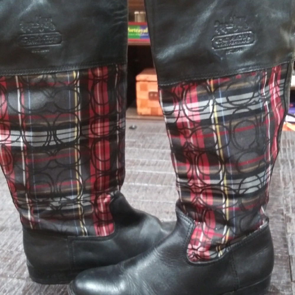 Coach leather/red plaid boots